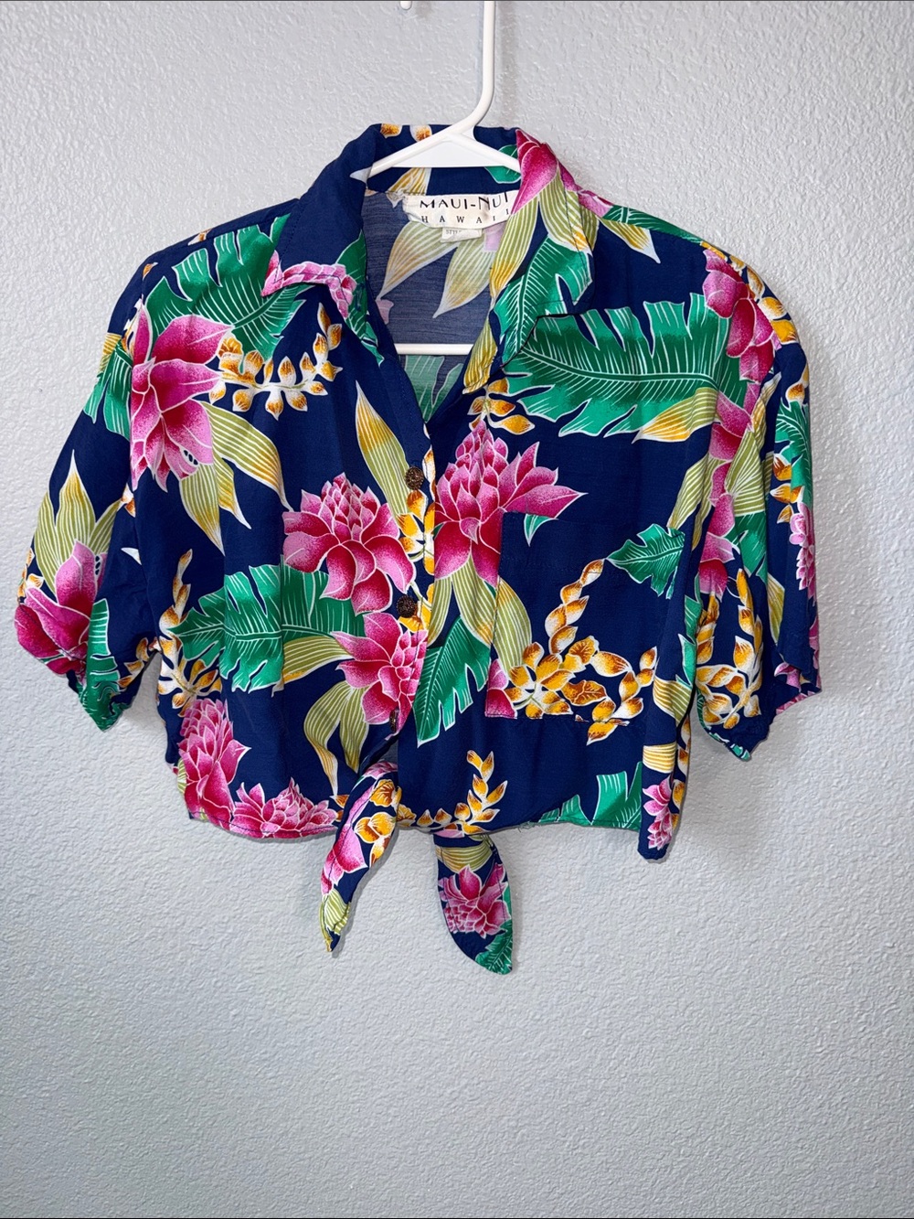Navy Tropical Tie-Front Crop Shirt